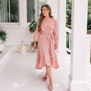 GAL MEETS GLAM Jennifer Satin Ruffle Wrap Midi Dress